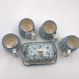Aydin El Sanatari Floral 3D Hand Painted Turkish Butter Dish and 4 Cups